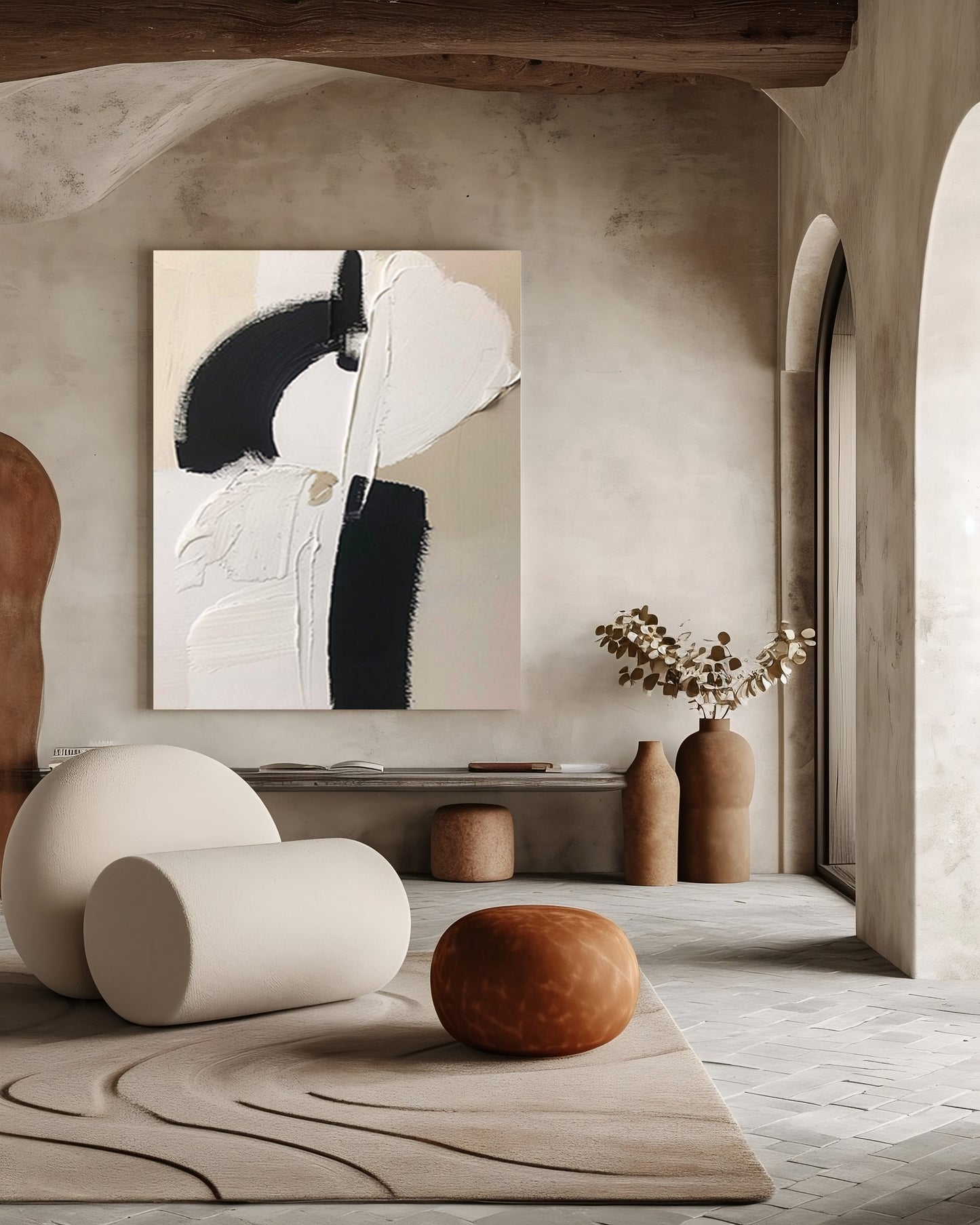 BEIGE BLACK AND WHITE ABSTRACT ART #A4512